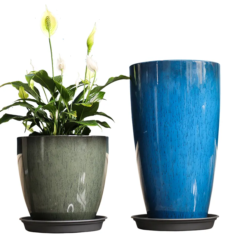 Dekorasi Ruang Tamu Mengkilap Pot Bunga Resin Bulat Dipertebal dengan Tampilan Tinggi Pot Tanam Pot Tinggi Pot Plastik