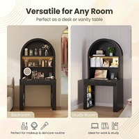 Modern zwart gebogen hoge bureau met bovenkast, 2 laden, LED-verlichting en open planken voor kleine ruimtes