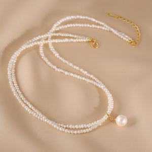 Collier à perles fines en argent 925 plaqué or 18 carats pour femme, double chaîne de pull, style vintage, mariage, fiançailles - Product Image 2