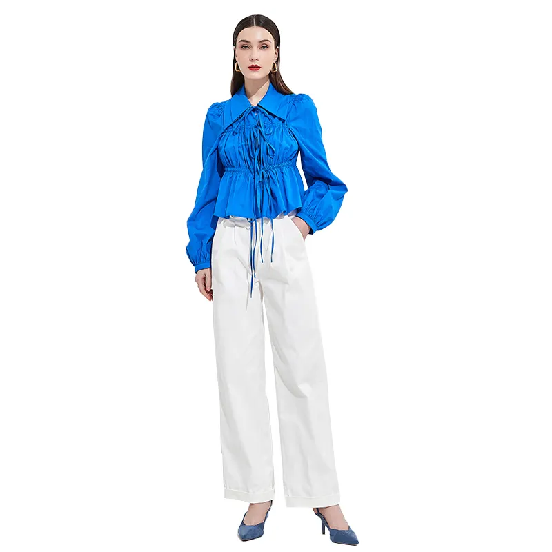 2023 White Casual Long Sleeve Linen Shirt Blue Casual Loose Women Shirt Linen Top Women's Clothes