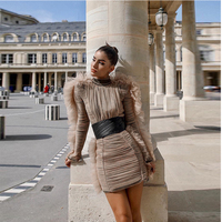 Robe mini à manches longues en maille grande taille avec ceinture, robe de soirée sexy pour femmes, style célébrité