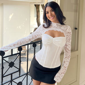 Camiseta de Manga Larga para Mujer, Estilo Francés, Sexy, con Encaje, Cuello Alto, Tejido de Malla, Ajustada, Color Sólido, Calada - Product Image 5