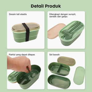 Double Layer Wheat Straw Bento Box With Utensils Portable Lunch Box For Students <b>Microwaveable</b> Rectangle Solid Color - Product Image 1