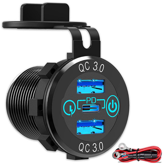 12V USB Aluminum Car Charger Socket PD 3.0 Type C and Dual Quick Charge 3.0