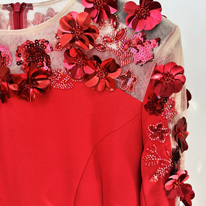 2025 moda nuevo vestido de noche rojo con lentejuelas con cuentas 3D Vestido largo de malla Floral - Product Image 6