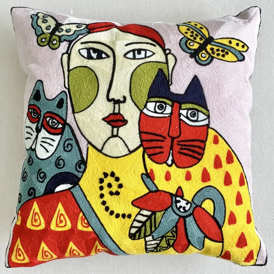 Soft Cotton Colorful Abstract Portrait Animal Pattern Embroidery Throw Cushion Cover Piccaso Painting Hand Embroidery Pillow