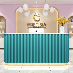 White Gold Modern Reception <b>Desk</b>, Luxury Ribbed Front Salon Front <b>Desk</b> with LED Base for Beauty Spa & Boutique - Product Image 6