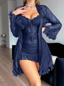 Chemise de nuit sexy en dentelle, mini-lingerie noire en maille transparente pour femme, cadeau de nuit de noces en dentelle florale - Product Image 1