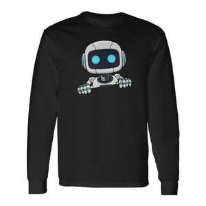 T-shirt à manches longues avec visage de robot mignon pour enfants, design de robot IA, noir - Product Image 1