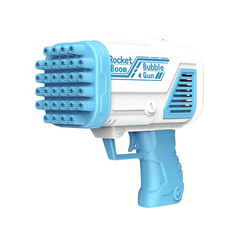 Venta al por mayor niños luz al aire libre cohete soplando burbujas ametralladora de burbujas eléctrica 32 agujeros bazooka pistola de burbujas automática de juguete