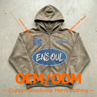Sweat à capuche zippé pour homme en molleton bouclette 100% coton, délavé à la pierre, grammage lourd, coupe oversize à épaules tombantes, avec appliqué imprimé numérique personnalisé