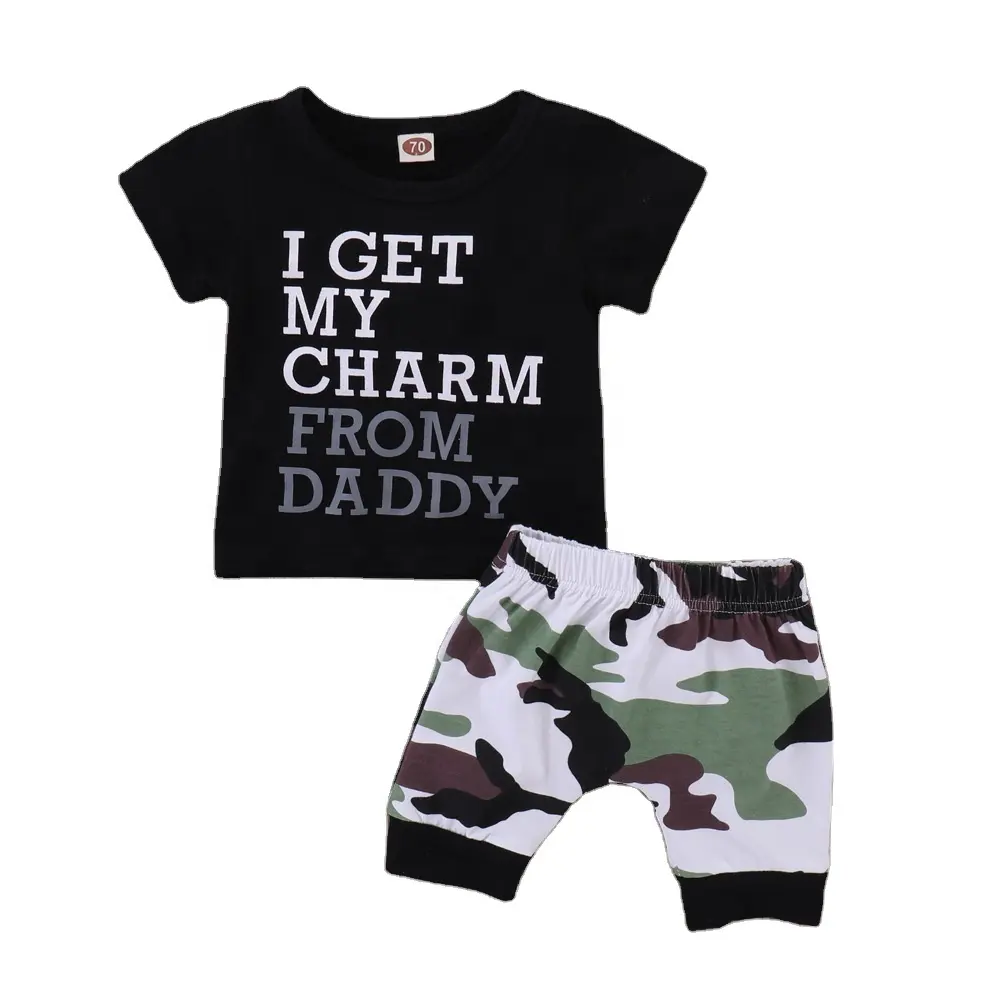 Traje de Hip-Hop para niños, camiseta de manga corta con estampado con letras en blanco y negro, pantalones de camuflaje para bebé, conjunto de dos piezas
