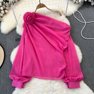 Nouvelle Blouse en Chiffon à Épaules Dénudées pour Femme, Coupe Asymétrique, avec <span class=keywords><strong>Fleurs</strong></span> Tridimensionnelles, Style Doux et Ample - Product Image 4