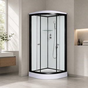 Cabina Doccia Angolare Nera Opaca con Cornice e Vetro Satinato con Motivo Damascato, Doccia a Pioggia per Ristrutturazione Appartamenti - Product Image 3