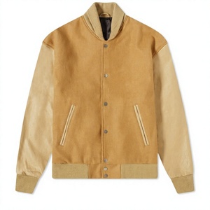 Men's Tan <b>Suede</b> Bomber <b>Jacket</b> With Leather Sleeves Stand Collar Casual Autumn Wear - Product Image 1