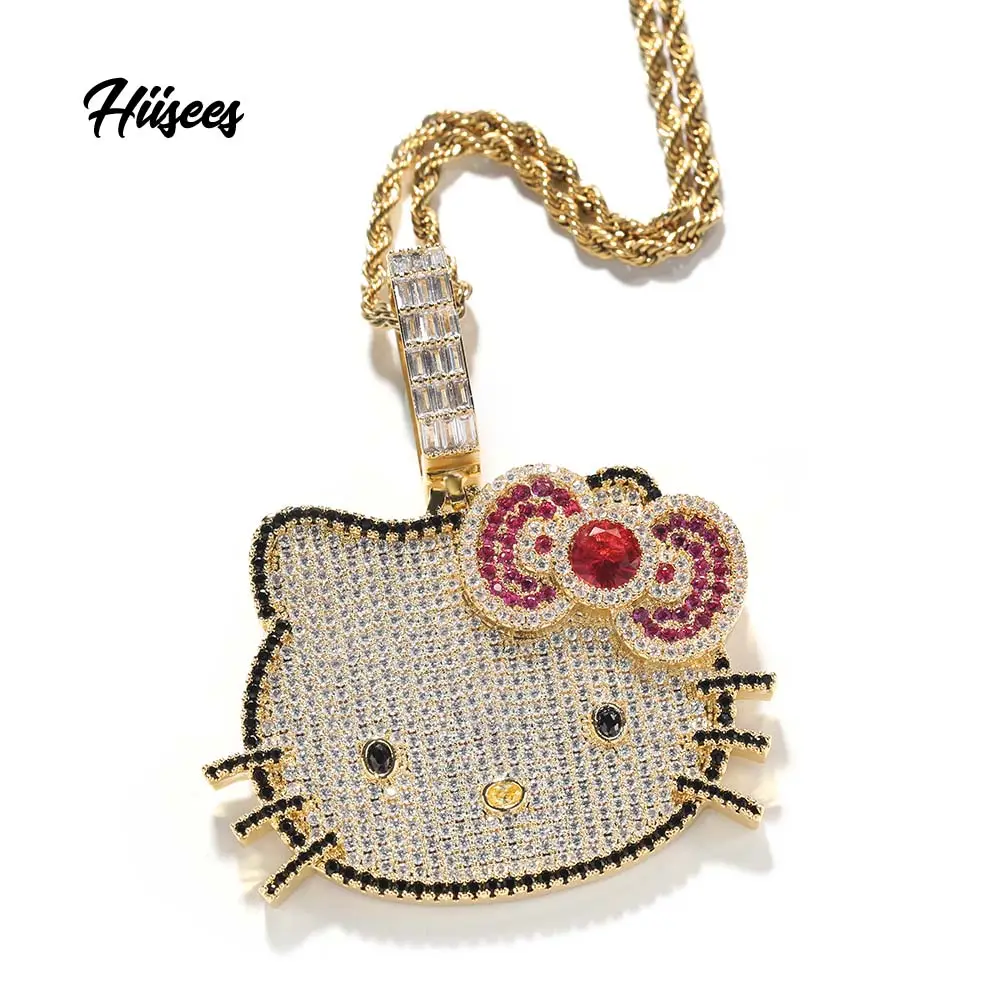 Iced Out Cute Cat Cubic Zirconia Pendant 18K Gold Plated Brass Charm Collarbone Necklace For Women Kids