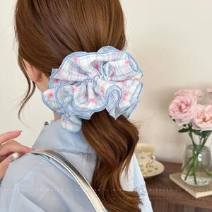 Chouchou en coton à motif cœurs bleus à carreaux, 15 cm, pour femme, style décontracté, accessoire élastique pour cheveux - Product Image 3