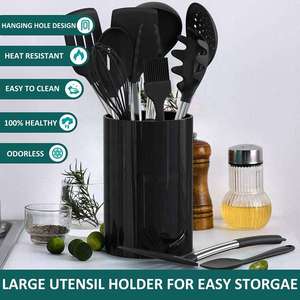 Ustensiles de cuisine gris foncé en acier inoxydable avec manche en silicone, ensemble d'ustensiles de cuisine avec seau de rangement - Product Image 2