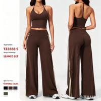 Ensemble de yoga 2 pièces uni pour femme, léger, respirant, anti-transpiration, avec crop top court et leggings taille haute élastiques en Spandex/Nylon pour la gym