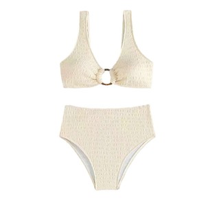 Traje de baño bikini de dos piezas de gasa de color liso sexy para <span class=keywords><strong>mujer</strong></span>, con pantalones de cintura alta y diseño hueco, ideal para la playa. - Product Image 3
