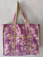 Tas Tote Katun Cetak Blok Tangan, Tas Belanja Berlapis, Tas Jinjing Ramah Lingkungan yang Dapat Digunakan Kembali untuk Wanita