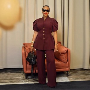 S11215 Tenues d'été pour femmes, haut élégant à manches bouffantes boutonnées + pantalon droit, ensemble deux pièces, vêtements de bureau - Product Image 4