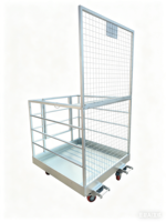 Cage de sécurité pour chariot élévateur avec garde-corps en treillis métallique et roues pour l'entretien des entrepôts industriels et les accès en hauteur