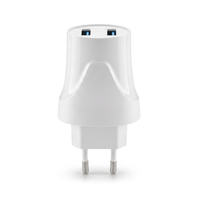 Chargeur mural double USB-A avec prise EU, sortie DC 5V 2.4A max, certifié CE RoHS, pour ordinateur portable, appareil photo et téléphone portable, idéal pour les voyages