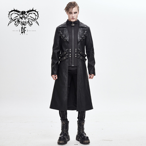 CT147 Devil fashion simmetrico punk rock nero zipper up cappotto lungo da uomo in pelle - Product Image 1