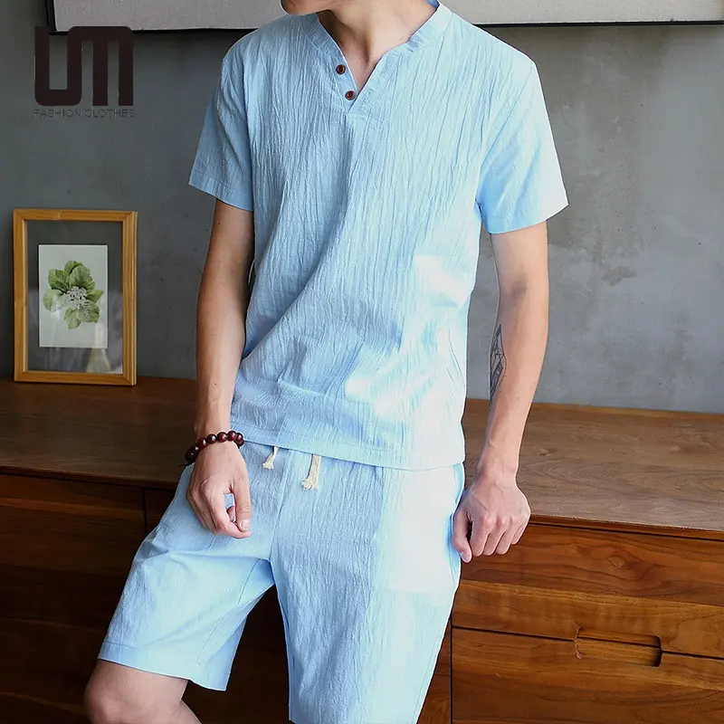 Liu Ming Hot Selling Men Casual Comfortable Short Sleeve Button Tops Solid Color Linen Cotton Plus Size Shorts 2 Piece Set