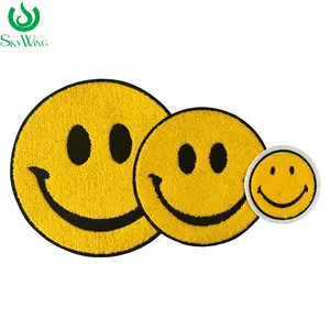 Extra Grote En Schattige Vintage Stijl Chenille Gele Smiley Blij Gezicht Glimlach Naai Ijzer Op Sport Patch Badge Applique