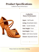 Chaussures de danse latine marron pour femmes, à lanières croisées, bout ouvert, talons hauts, semelle en daim souple, chaussures professionnelles pour salsa, tango et danse de salon