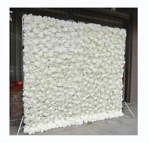 カスタム5D3Dホワイトローズアジサイロールアップクロスフラワーウォール結婚式の装飾人工シルクローズフラワーパネル背景フラワーウォール