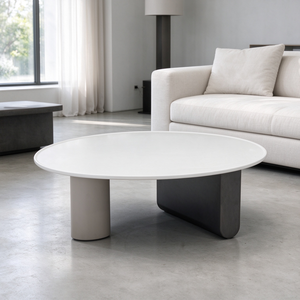 Ensemble de tables basses asymétriques en marbre blanc avec plateau rond et table d'appoint ovale en marbre noir, style moderne pour salon, hall d'hôtel, villa - Product Image 3