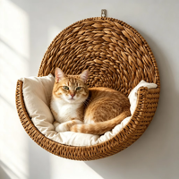 Nouveaux produits : panier suspendu pour chat en osier naturel tressé à la main, parfaitement confortable, avec coussin amovible pour chats d'intérieur