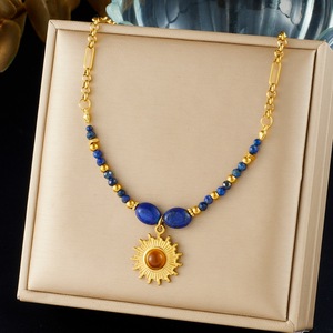 Lapis Lazuli Necklace Gold Sun Pendant Bezel Setting Everyday Wear Clavicle Chain Niche Retro Style - Product Image 1