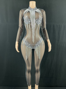 Novance Y2103 Vêtements pour femmes Tendance Sexy Tassel Diamond See Though Stretchy Jumpsuit Transparent Black Dress for Singer Dance - Product Image 5
