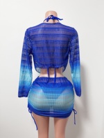 Q2530 - Maillot de bain femme 2026 - Ensemble 4 pièces sexy avec robe de plage à manches longues en mousseline de soie et maille, imprimé tie-dye dégradé