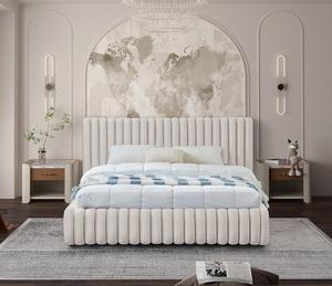 Cama acolchada de terciopelo de estilo moderno de <span class=keywords><strong>la</strong></span> <span class=keywords><strong>serie</strong></span> más vendida con terciopelo de color crema cama tapizada de terciopelo con surco profundo - Product Image 3