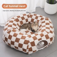 Lit pour chat en forme de S personnalisable avec tunnel rond détachable, tissu respirant et chaud, motif à carreaux - Accessoire pour animaux de compagnie pour l'hiver, nid pour chat