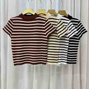 Pull en tricot Maxfree à manches régulières, coupe ajustée, t-shirt pour femme, vêtements vintage pour le début du printemps, manches courtes - Product Image 1