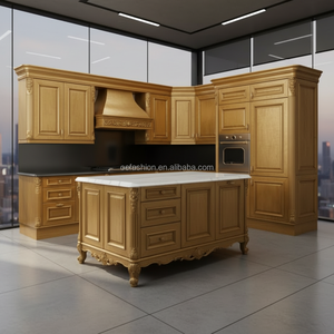 Juego de Muebles de Cocina de Madera Maciza Neoclásica de Lujo OE-FASHION con Acabado Dorado e Isla de Mármol para Proyectos de Villas - Product Image 4