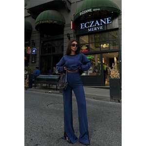 <b>Navy</b> Blue Knitted <b>Sweatshirt</b> Set with Striped Slit Detail Casual 2-Piece Shorts Outfit XS Size Sports Wear Top & Short - Product Image 5