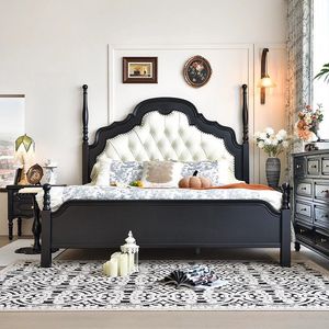 Cama de Madera Maciza Estilo Americano, Diseño Hepburn Negro, Tamaño Doble, Muebles de Dormitorio Modernos de Lujo Francés, Construcción de Madera de Caucho - Product Image 3