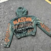 Sweat à capuche zippé pour homme de haute qualité, coupe oversize et courte, personnalisé, délavé à l'acide, effet usé, imprimé DTG, avec strass et déchirures