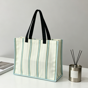 Bolsa de Compras Personalizada con Logotipo, Bolso de Mano de Lona para Mujer, Bolso de Compras a Rayas Personalizado, Bolso de Hombro de Viaje - Product Image 1