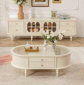 <span class=keywords><strong>Table</strong></span> à thé de Style crème française tout en bois massif pur bûche <span class=keywords><strong>Table</strong></span> basse en verre ovale salon américain petit appartement meubles - Product Image 4