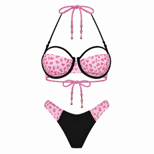 Pink Heart Print Halter <b>Bikini</b> Set Underwire Swimwear Beaded <b>String</b> Beachwear for Women - Product Image 2