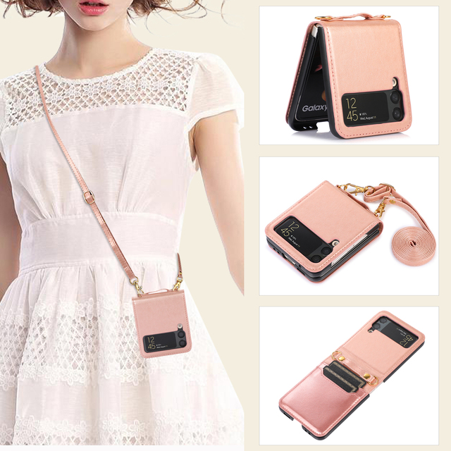 Factory Wholesale Leather Flip Phone case for galaxy Z Flip 3 PU Case Crossbody Wallet Back Cover for Samsung Z Flip 3