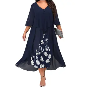2023 plus size wholesale summer casual mature dresses for women floral half ruffle sleeve v-neck